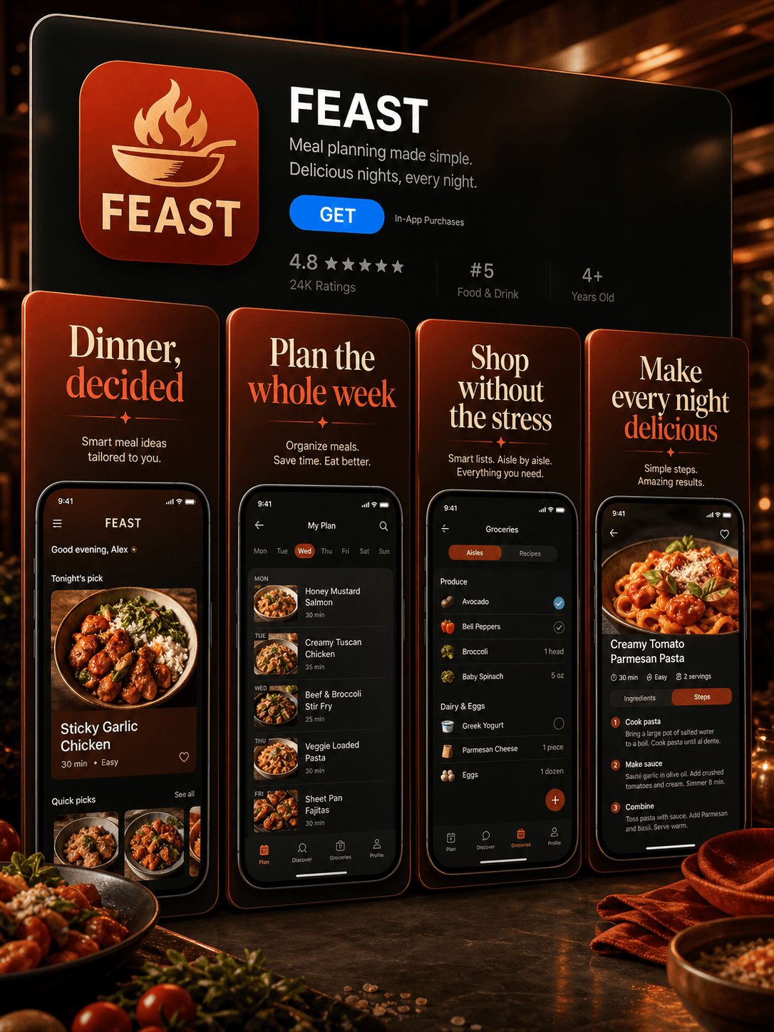 FEAST meal planning app presented as a bold App Store screenshot campaign