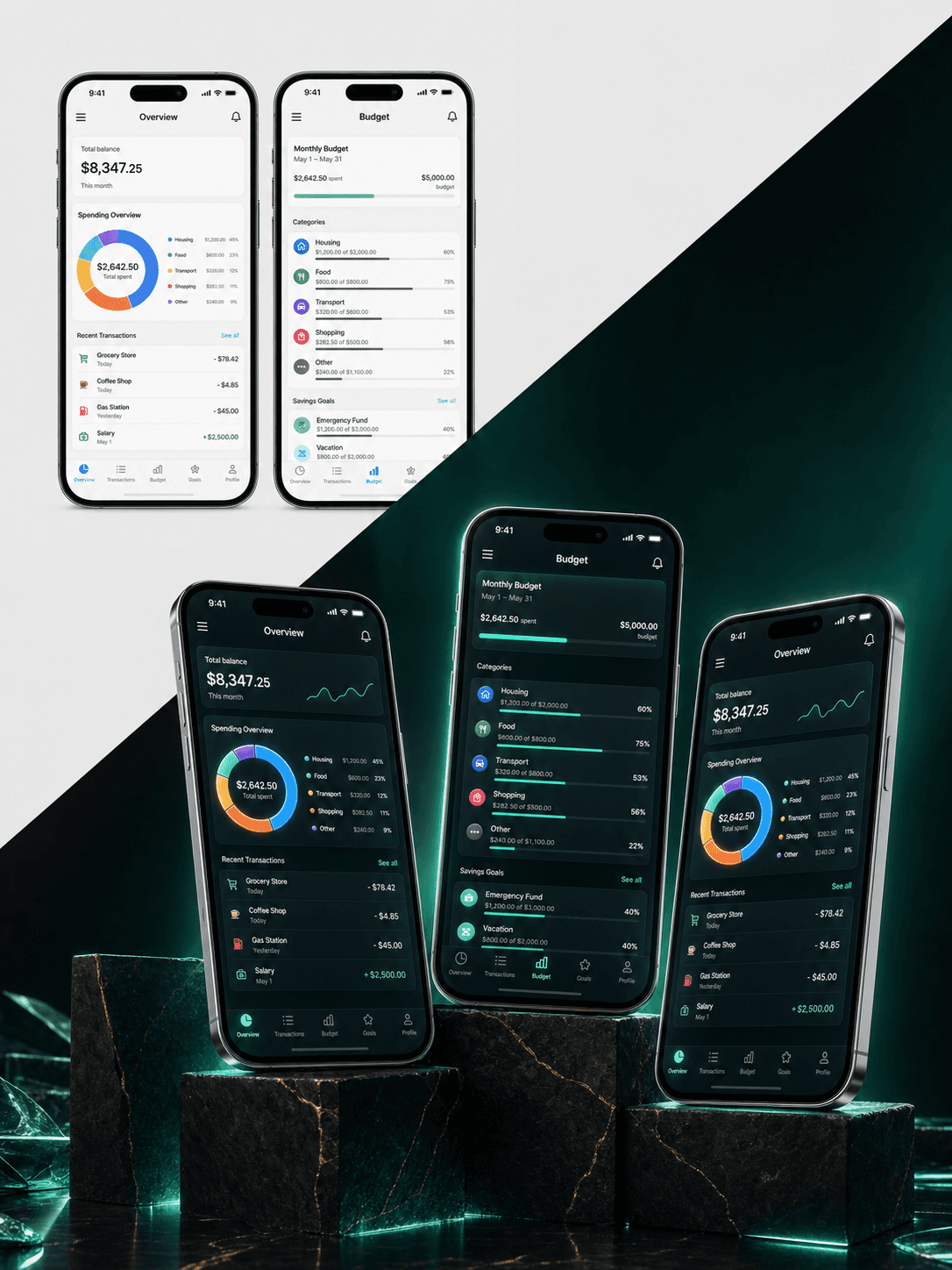 Raw finance app screens transformed into a cinematic emerald App Store campaign