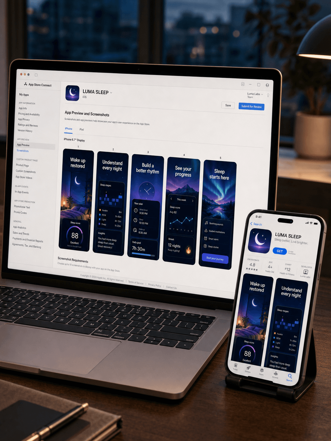 LUMA Sleep campaign displayed naturally in App Store Connect and on an iPhone