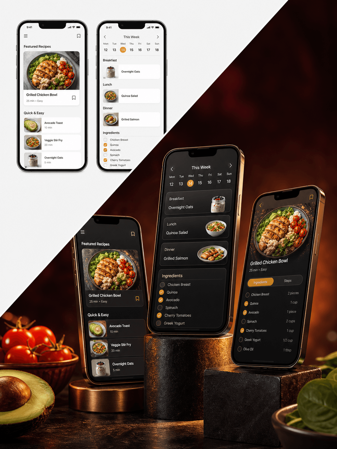 Raw meal planning screens transformed into a warm editorial App Store campaign