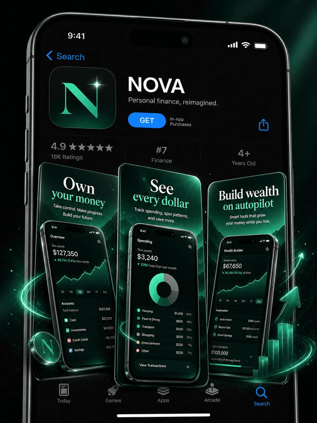 NOVA finance app shown as a dimensional high-converting App Store product page