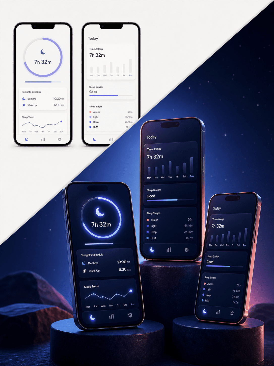 Raw sleep tracking screens transformed into a premium midnight App Store campaign